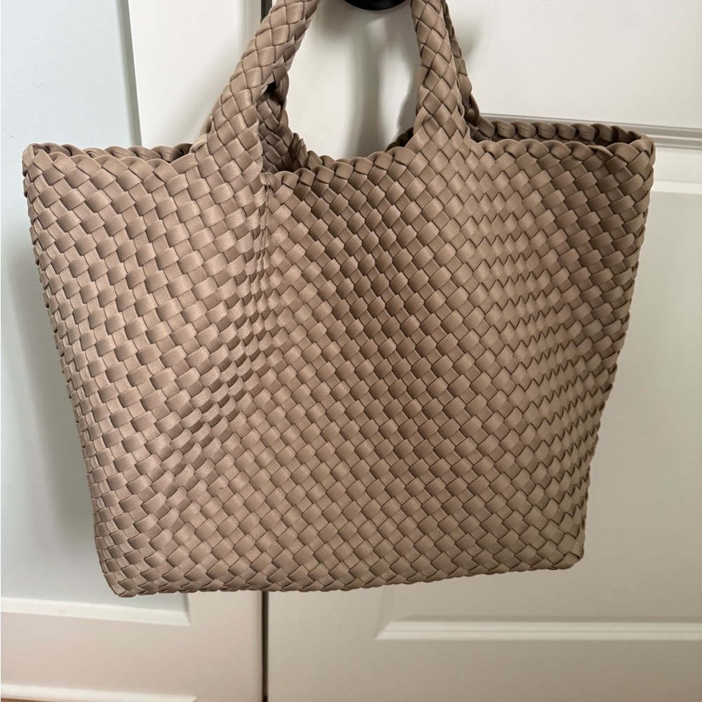 Woven Taupe Tote Bag with Rolled Handles
